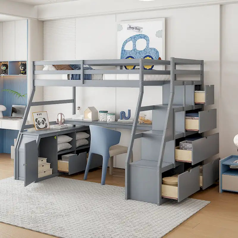 Letto a soppalco matrimoniale in pino con scrivania e contenitore