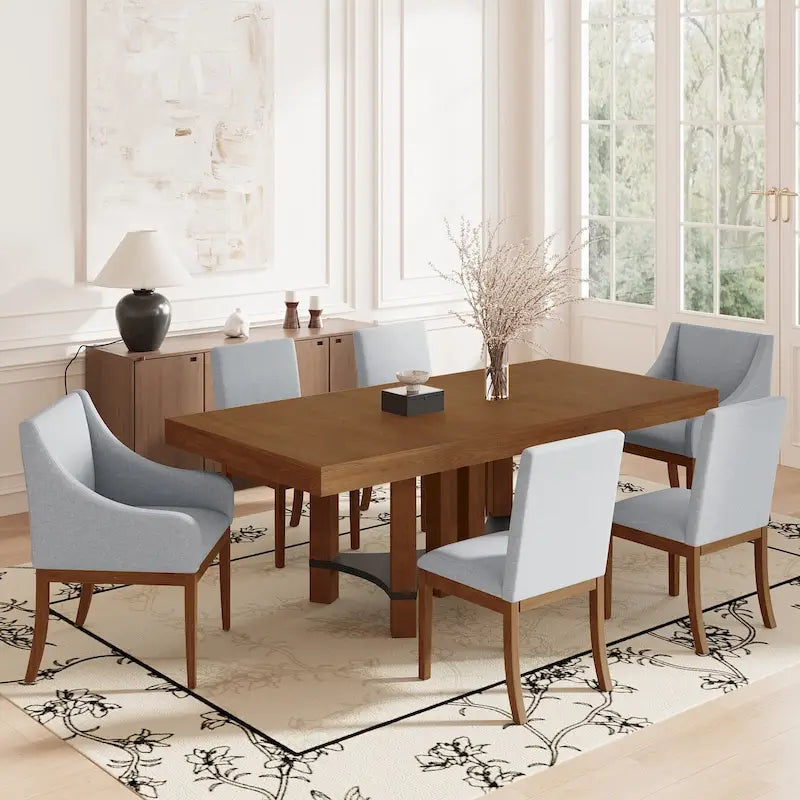 Set da pranzo estendibile 7 pezzi in stile rustico con prolunga rimovibile, 2 sedie con braccioli e 4 sedie senza braccioli