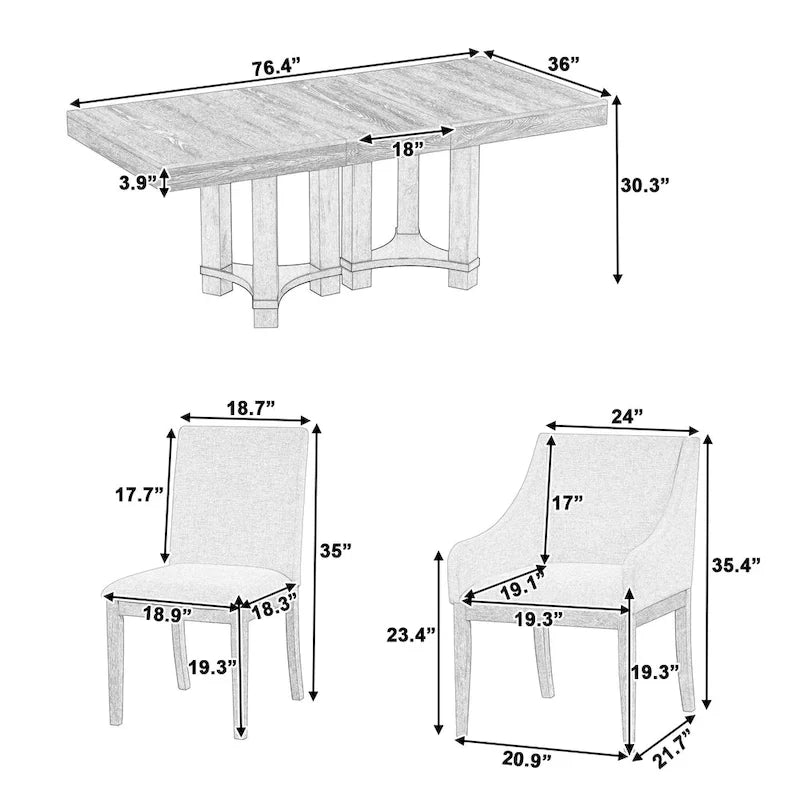Rustic Style 7-Piece Extendable Dining Table Set with Removable Leaf, 2 Arm Chairs and 4 Armless Chairs