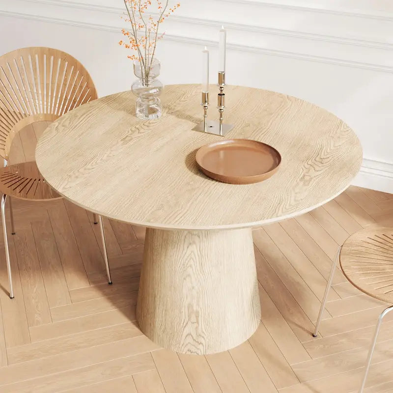 Round Dining Table for 4-6, Natural Wood Grain Dining Table with Cone Wood Pedestal Base, Rustic Minimalist Dining Table