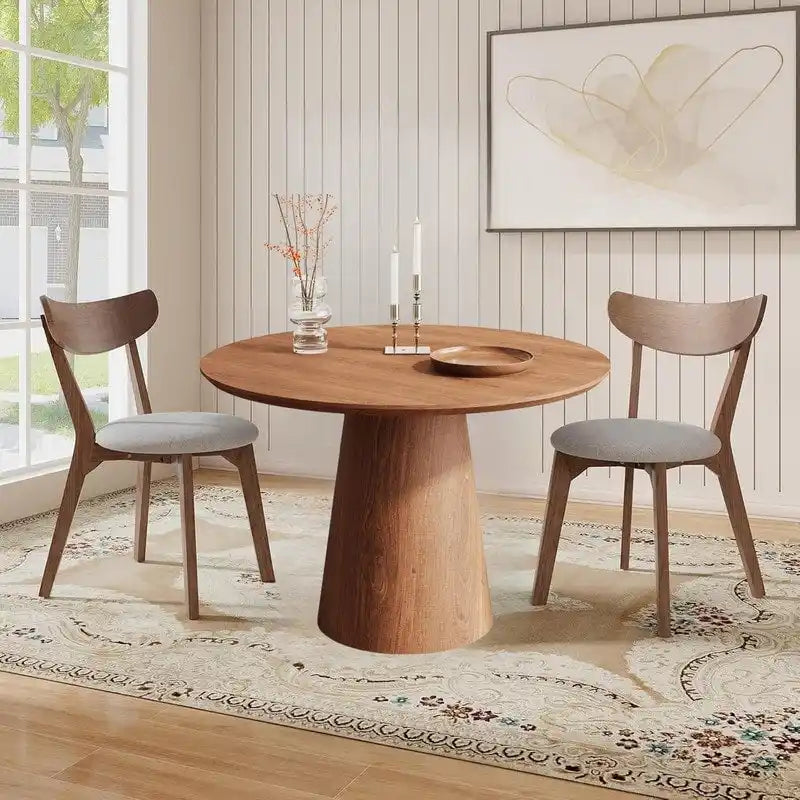 Round Dining Table for 4-6, Natural Wood Grain Dining Table with Cone Wood Pedestal Base, Rustic Minimalist Dining Table