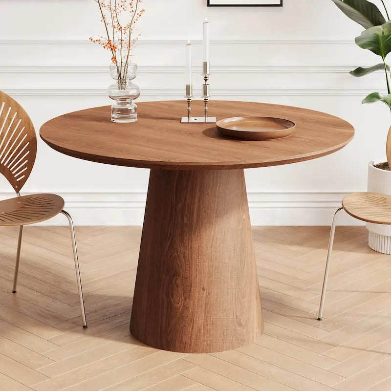 Round Dining Table for 4-6, Natural Wood Grain Dining Table with Cone Wood Pedestal Base, Rustic Minimalist Dining Table