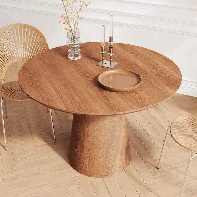 Round Dining Table for 4-6, Natural Wood Grain Dining Table with Cone Wood Pedestal Base, Rustic Minimalist Dining Table