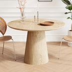 Round Dining Table for 4-6, Natural Wood Grain Dining Table with Cone Wood Pedestal Base, Rustic Minimalist Dining Table