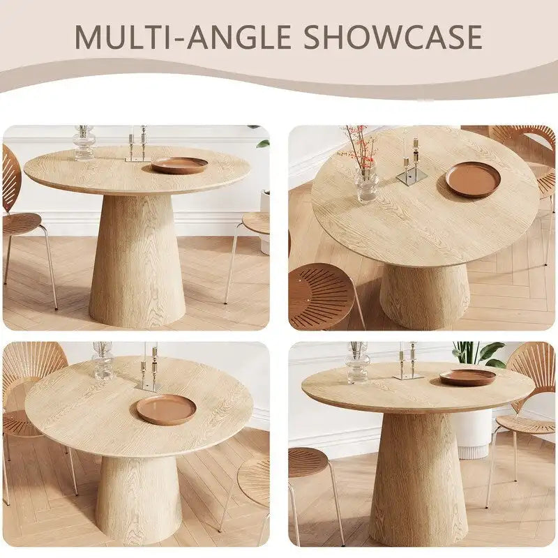 Round Dining Table for 4-6, Natural Wood Grain Dining Table with Cone Wood Pedestal Base, Rustic Minimalist Dining Table