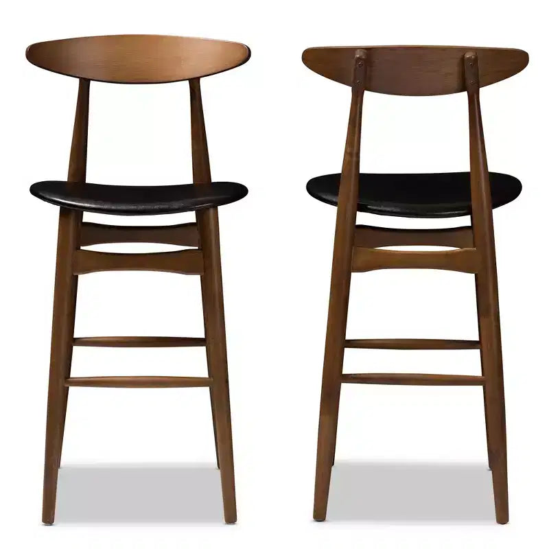 Set di 2 sgabelli da bar Flora in legno massello con finitura noce stile moderno di metà secolo, rivestimento nero – Baxton Studio: similpelle, schienale curvo, altezza fissa