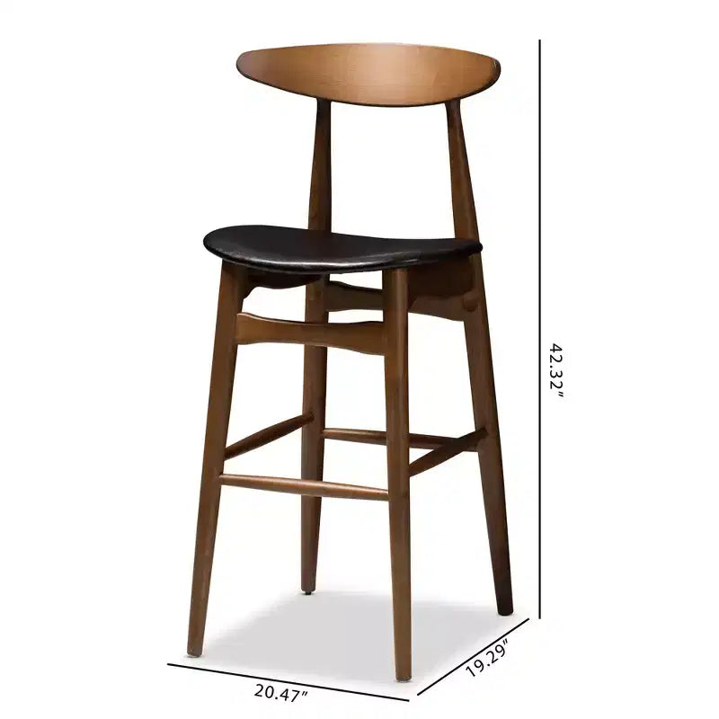 Set di 2 sgabelli da bar Flora in legno massello con finitura noce stile moderno di metà secolo, rivestimento nero – Baxton Studio: similpelle, schienale curvo, altezza fissa