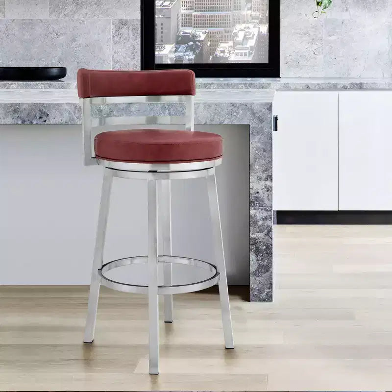 26" Madrid Counter Height Barstool with Red Faux Leather Brushed Stainless Steel Finish - Armen Living: Modern Swivel, Low Back, Armless Design