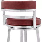 26" Madrid Counter Height Barstool with Red Faux Leather Brushed Stainless Steel Finish - Armen Living: Modern Swivel, Low Back, Armless Design