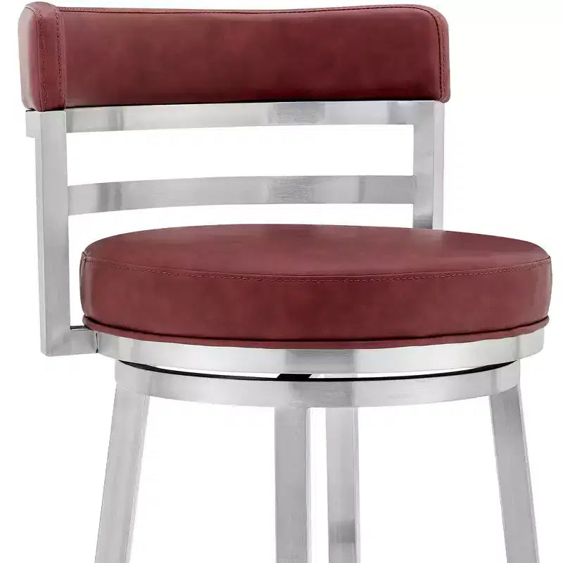 26" Madrid Counter Height Barstool with Red Faux Leather Brushed Stainless Steel Finish - Armen Living: Modern Swivel, Low Back, Armless Design