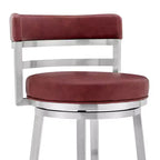 26" Madrid Counter Height Barstool with Red Faux Leather Brushed Stainless Steel Finish - Armen Living: Modern Swivel, Low Back, Armless Design