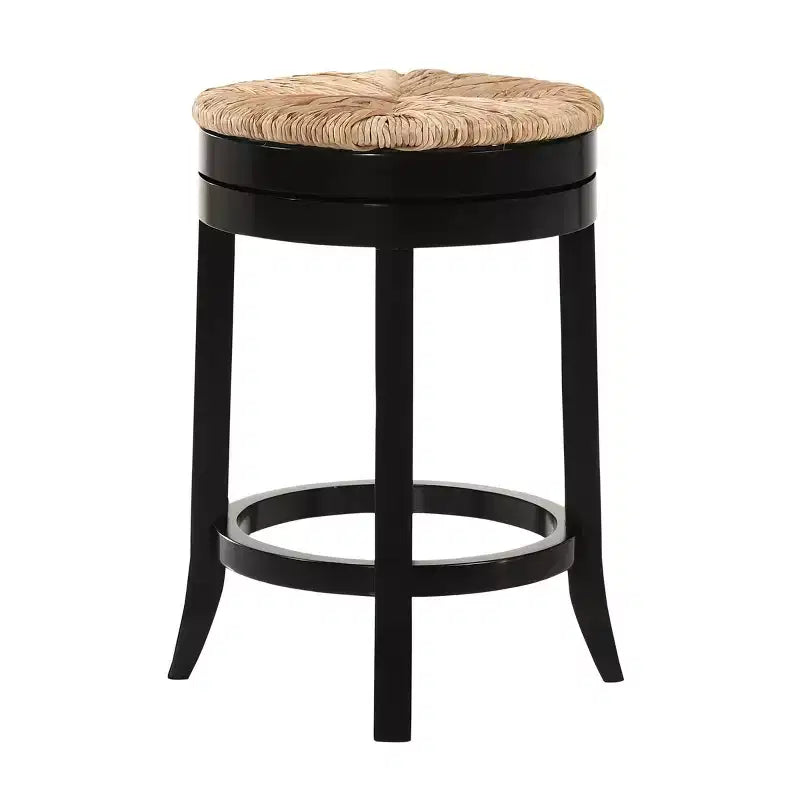 Sgabello da bar girevole Carolina Living da 24" Leif con seduta in giunco, altezza bancone, nero: legno massello, giunco intrecciato, senza braccioli