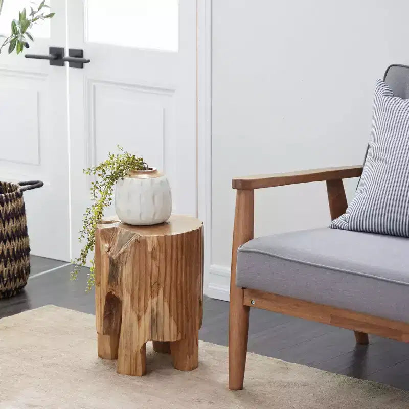 Sgabello in legno di teak bordo vivo contemporaneo marrone - Olivia & May: fatto a mano, nessun assemblaggio, uso interno