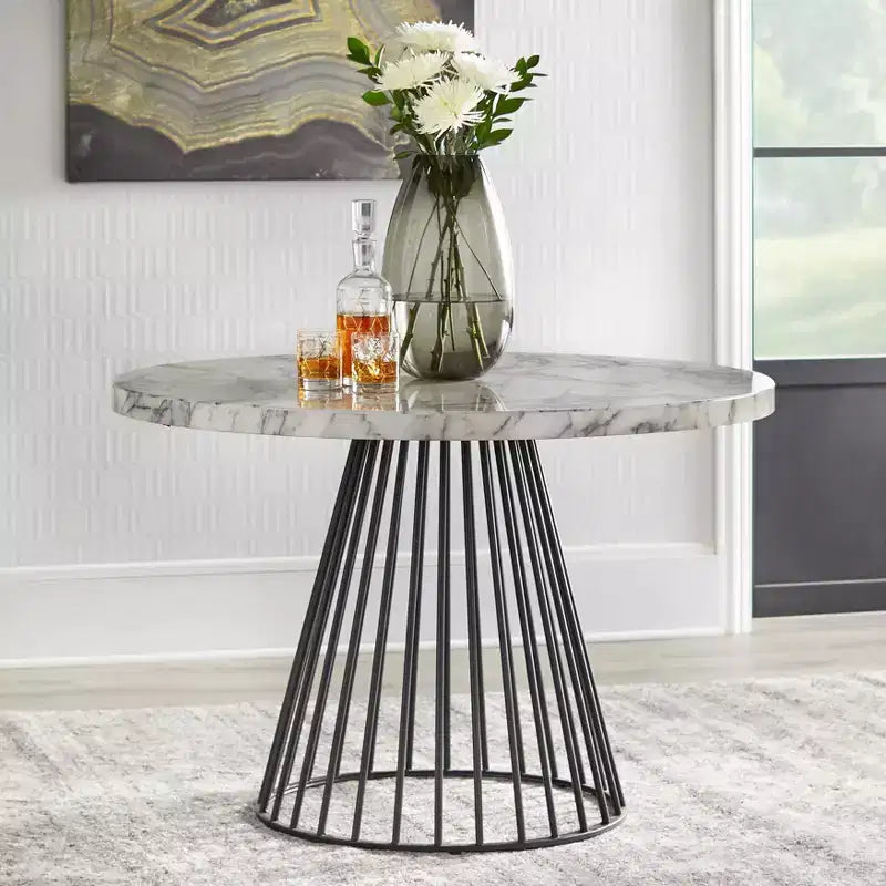 Lifestorey Indra Modern Faux Marble Round Dining Table Off-White/Black: Faux Marble Top, 4-Seater, Modern Kitchen Furniture