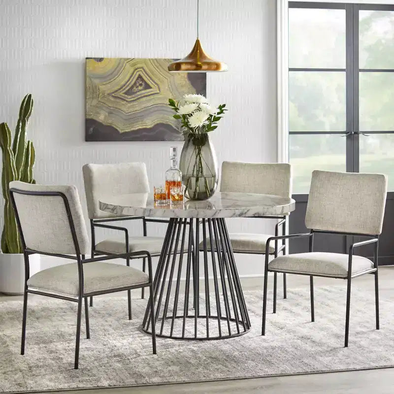 Lifestorey Indra Modern Faux Marble Round Dining Table Off-White/Black: Faux Marble Top, 4-Seater, Modern Kitchen Furniture