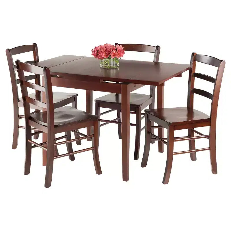 5pc Pulman Dining Set with Ladder Back Chairs Wood/Walnut - Winsome: Traditional Mid-Century Modern, Square Table, 4 Seats