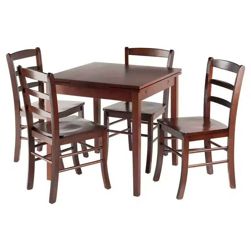 5pc Pulman Dining Set with Ladder Back Chairs Wood/Walnut - Winsome: Traditional Mid-Century Modern, Square Table, 4 Seats