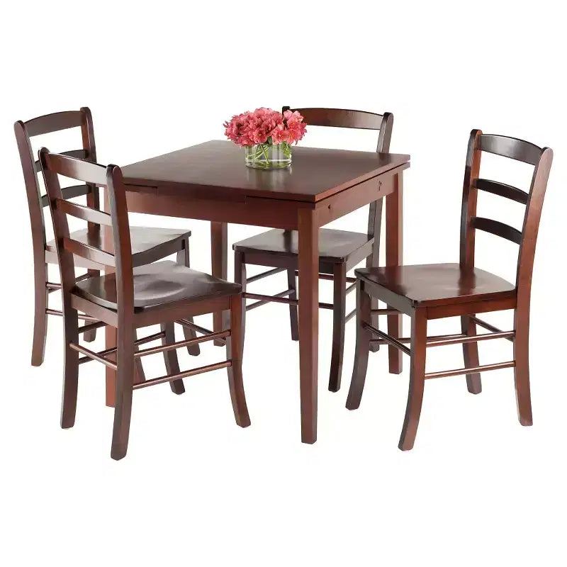 5pc Pulman Dining Set with Ladder Back Chairs Wood/Walnut - Winsome: Traditional Mid-Century Modern, Square Table, 4 Seats