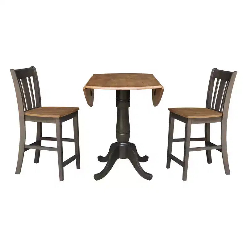 Tavolo da pranzo da 106,7 cm rotondo con 2 ante a ribalta, altezza bancone, 3 pz con 2 sgabelli con schienale a doghe, noce americano/carbone lavato - International Concepts