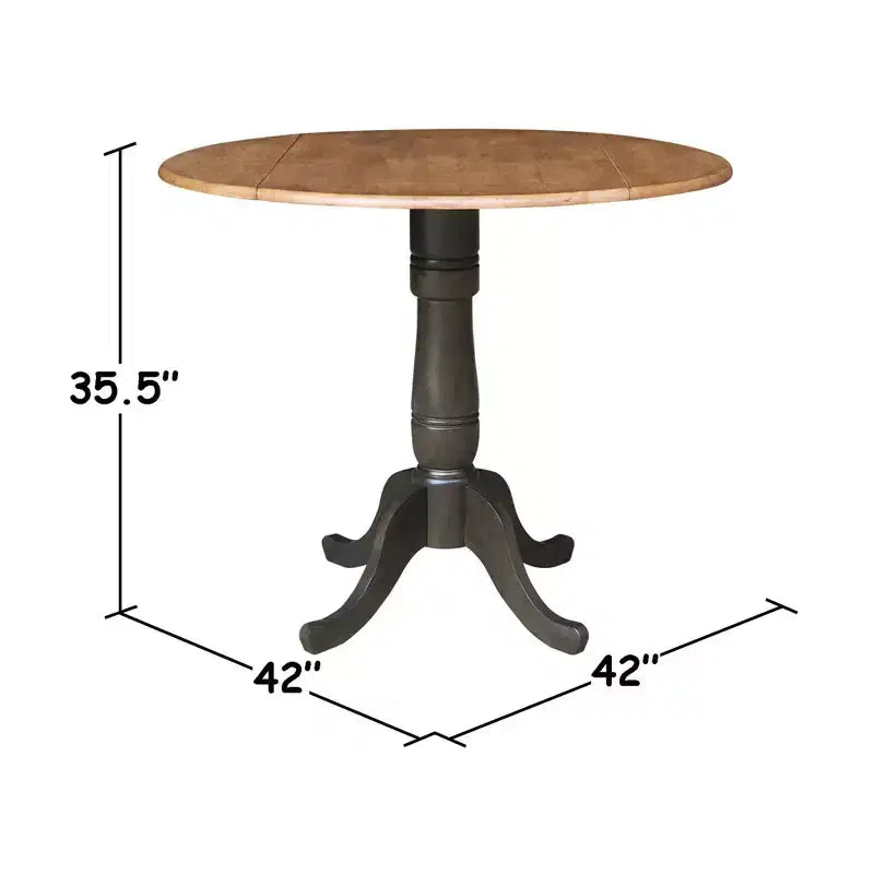 Tavolo da pranzo da 106,7 cm rotondo con 2 ante a ribalta, altezza bancone, 3 pz con 2 sgabelli con schienale a doghe, noce americano/carbone lavato - International Concepts