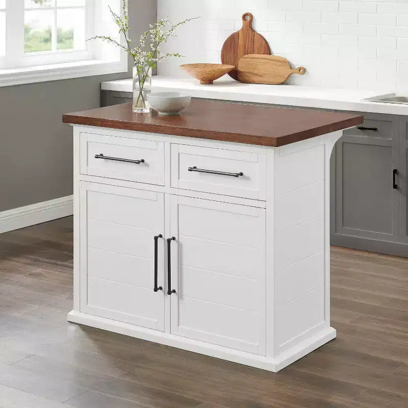 Crosley Bartlett Isola da cucina con piano in legno bianco/noce: Stile tradizionale, Ripiani regolabili, Carrello contenitore