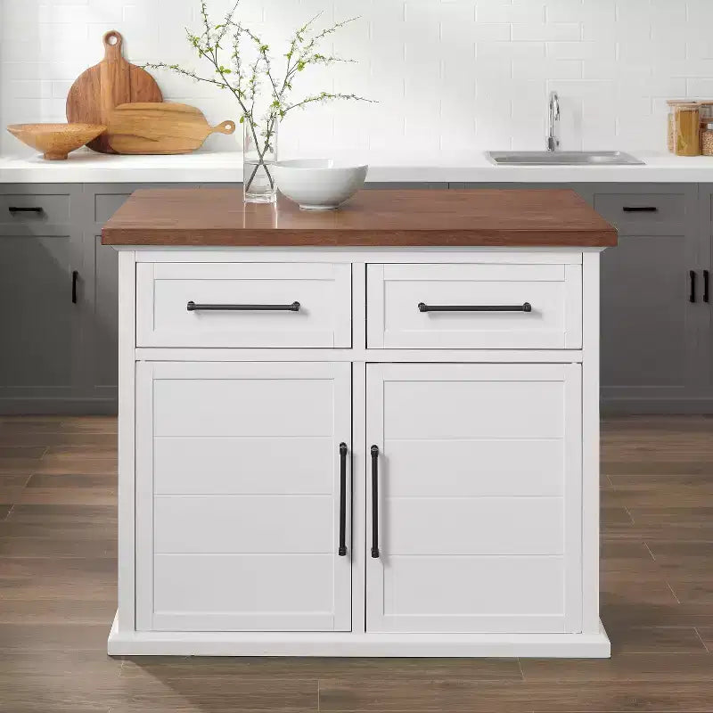 Crosley Bartlett Isola da cucina con piano in legno bianco/noce: Stile tradizionale, Ripiani regolabili, Carrello contenitore