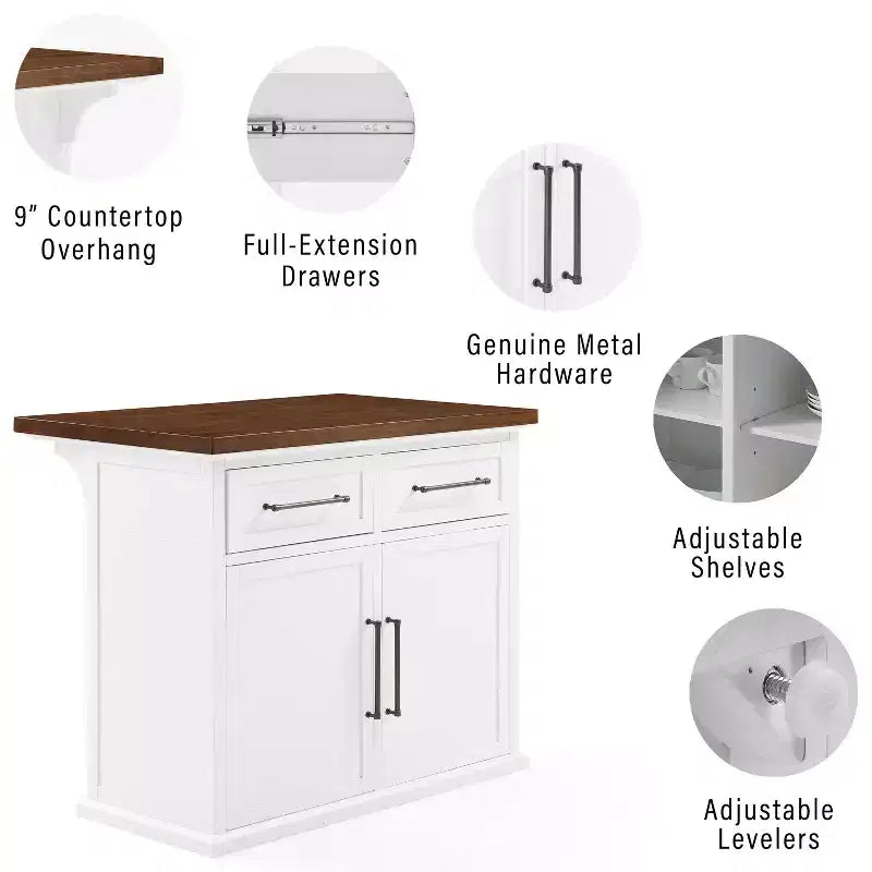 Crosley Bartlett Isola da cucina con piano in legno bianco/noce: Stile tradizionale, Ripiani regolabili, Carrello contenitore