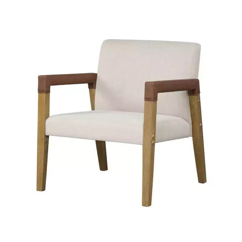 Poltrona da salotto imbottita in legno e similpelle, 76 cm, Marrone chiaro spazzolato/Lino/Castagno - Nathan James