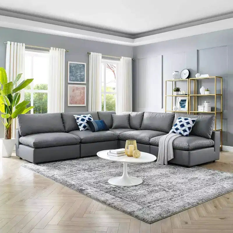 5pc Commix Down Filled Overstuffed Vegan Leather L-Shaped Sectional Sofa Set Gray - Modway: Plush Comfort, Modern Home Furniture