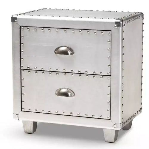 Baxton Studio 2 Drawer Davet Metal Nightstand Silver: Mid-Century Modern Style, Particle Board Frame