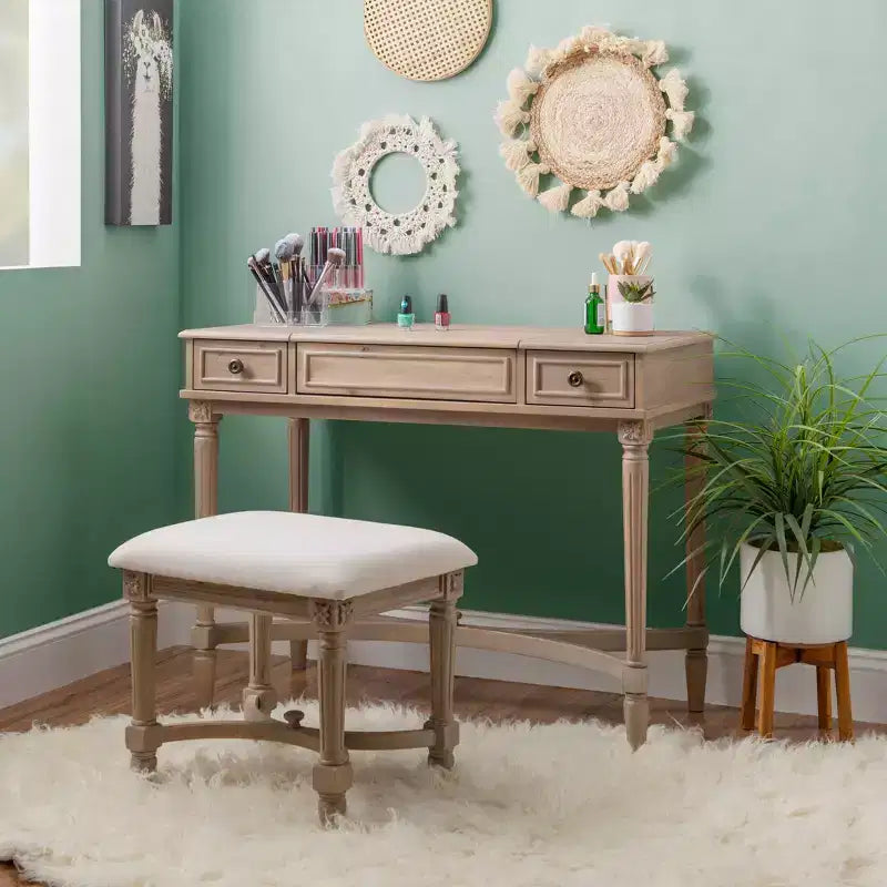 Cyndi Traditional Washed Wood Vanity Set with Stool & Storage, Beige Padded Seat - Linon