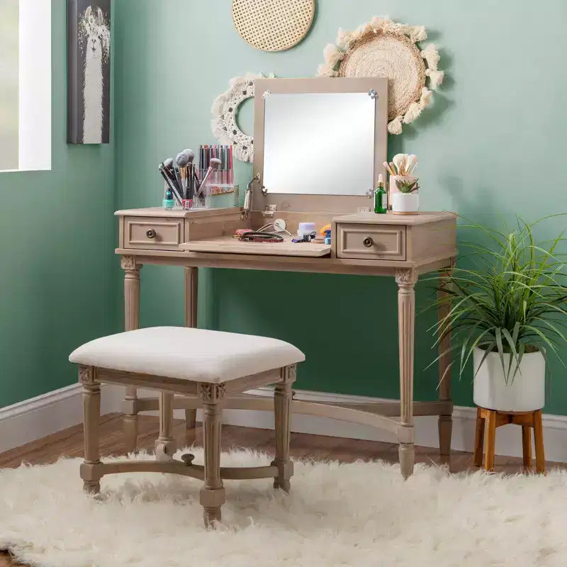 Cyndi Traditional Washed Wood Vanity Set with Stool & Storage, Beige Padded Seat - Linon