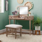 Cyndi Traditional Washed Wood Vanity Set with Stool & Storage, Beige Padded Seat - Linon