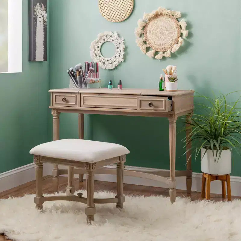 Cyndi Traditional Washed Wood Vanity Set with Stool & Storage, Beige Padded Seat - Linon