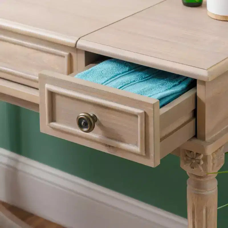 Cyndi Traditional Washed Wood Vanity Set with Stool & Storage, Beige Padded Seat - Linon