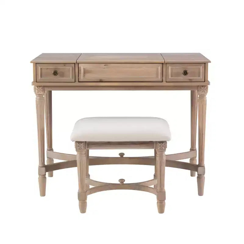 Cyndi Traditional Washed Wood Vanity Set with Stool & Storage, Beige Padded Seat - Linon