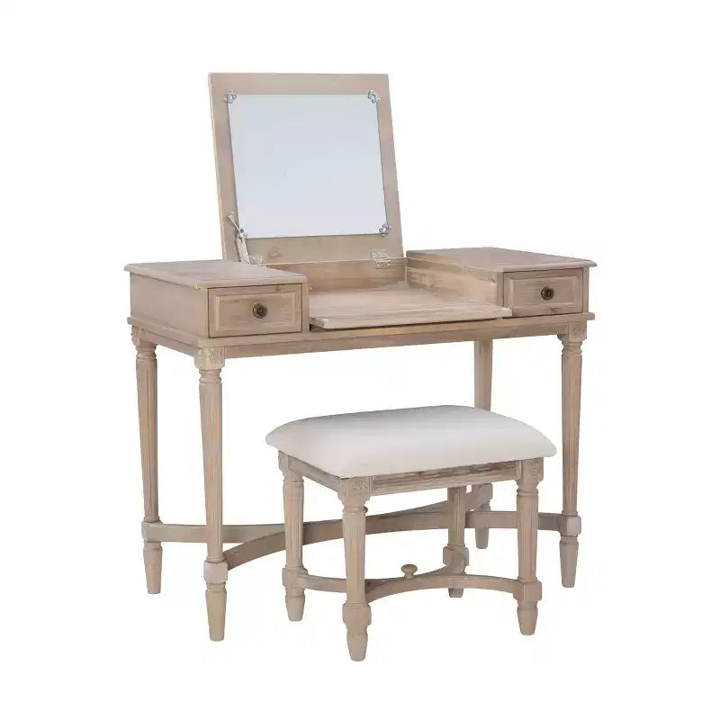 Cyndi Traditional Washed Wood Vanity Set with Stool & Storage, Beige Padded Seat - Linon