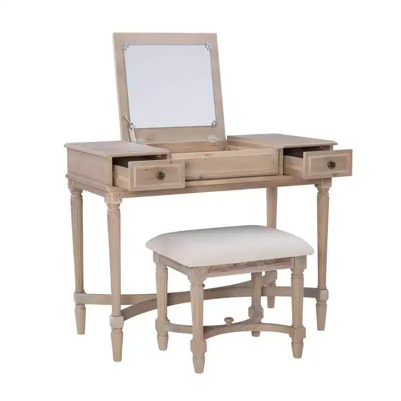 Cyndi Traditional Washed Wood Vanity Set with Stool & Storage, Beige Padded Seat - Linon