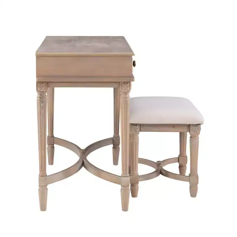 Cyndi Traditional Washed Wood Vanity Set with Stool & Storage, Beige Padded Seat - Linon