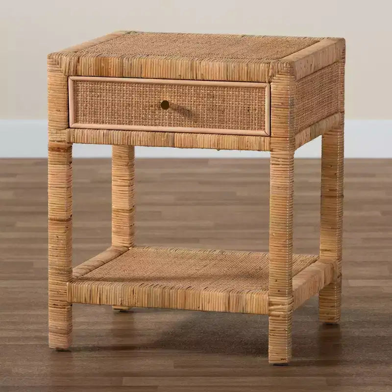 Adelia Natural Rattan & Mahogany 1 Drawer Nightstand with Shelf - Baxton Studio
