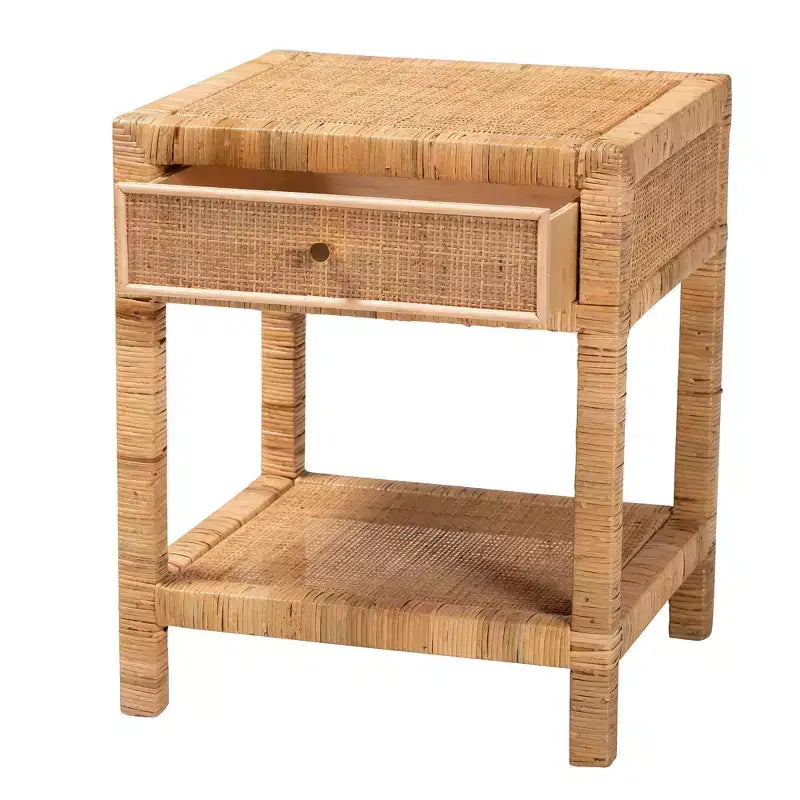 Adelia Natural Rattan & Mahogany 1 Drawer Nightstand with Shelf - Baxton Studio