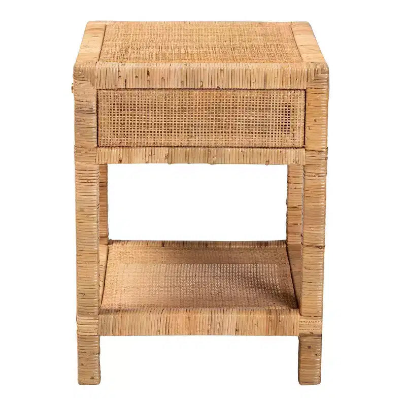 Adelia Natural Rattan & Mahogany 1 Drawer Nightstand with Shelf - Baxton Studio
