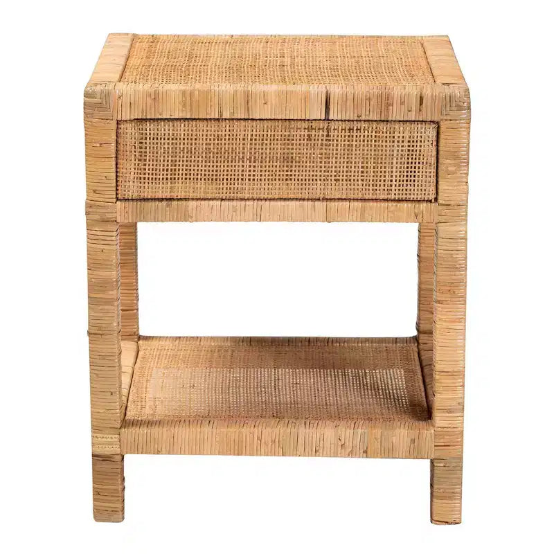 Adelia Natural Rattan & Mahogany 1 Drawer Nightstand with Shelf - Baxton Studio