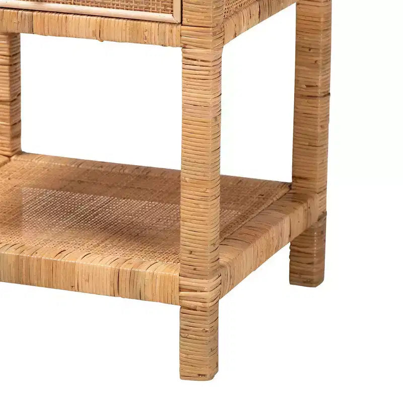 Adelia Natural Rattan & Mahogany 1 Drawer Nightstand with Shelf - Baxton Studio