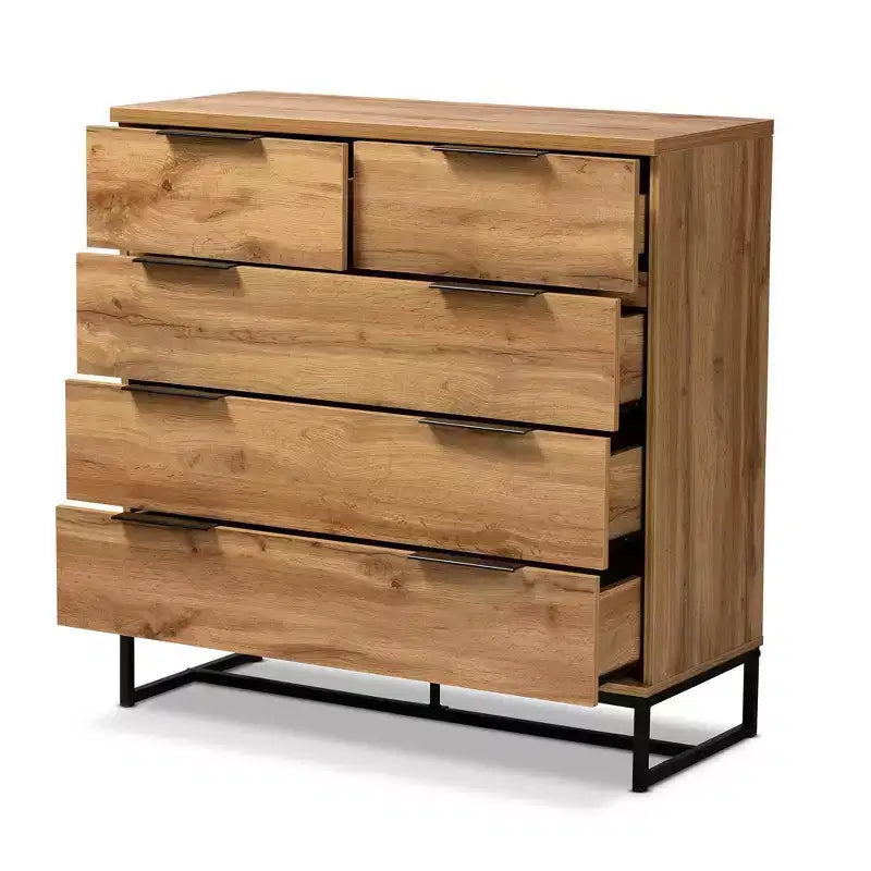 Cassettiera Baxton Studio Franklin in Legno e Metallo a 5 Cassetti Rovere/Nero: Mobile Salvaspazio Verticale, Design Moderno
