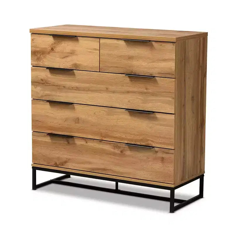 Cassettiera Baxton Studio Franklin in Legno e Metallo a 5 Cassetti Rovere/Nero: Mobile Salvaspazio Verticale, Design Moderno