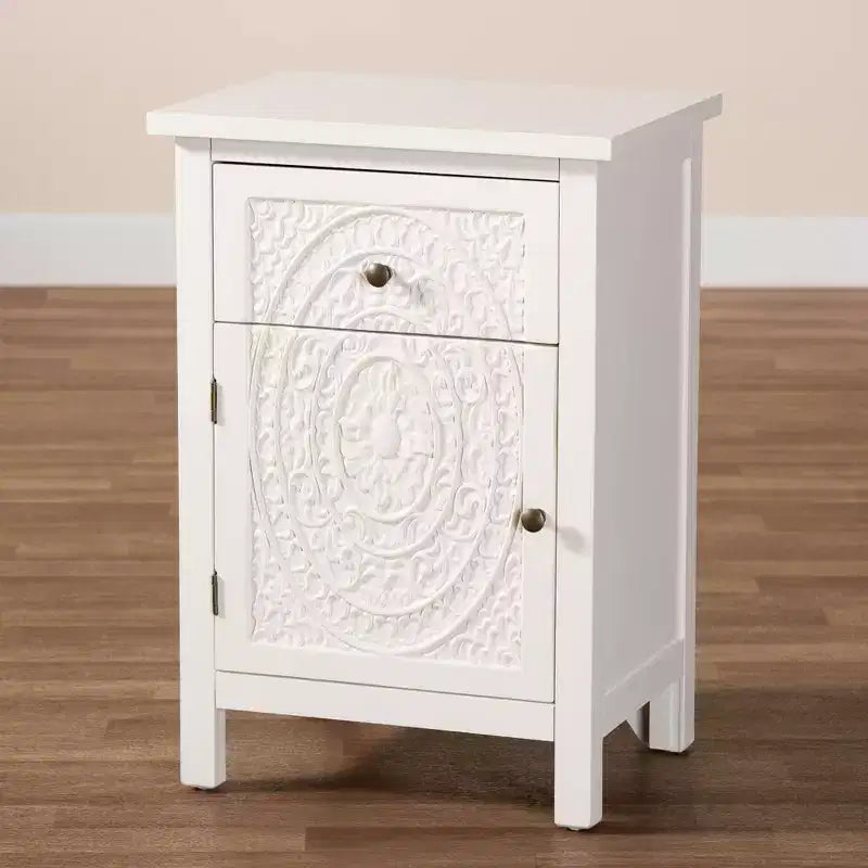 Lambert Wood 1 Drawer Nightstand White - Baxton Studio: Traditional Storage with Antique Finish, Metallic Silver Hardware