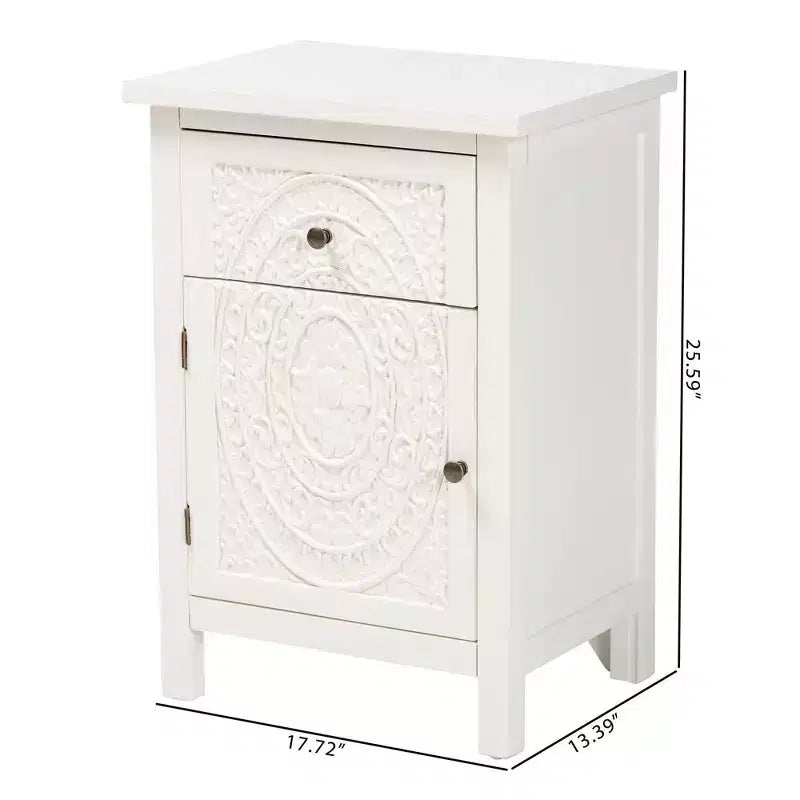 Lambert Wood 1 Drawer Nightstand White - Baxton Studio: Traditional Storage with Antique Finish, Metallic Silver Hardware