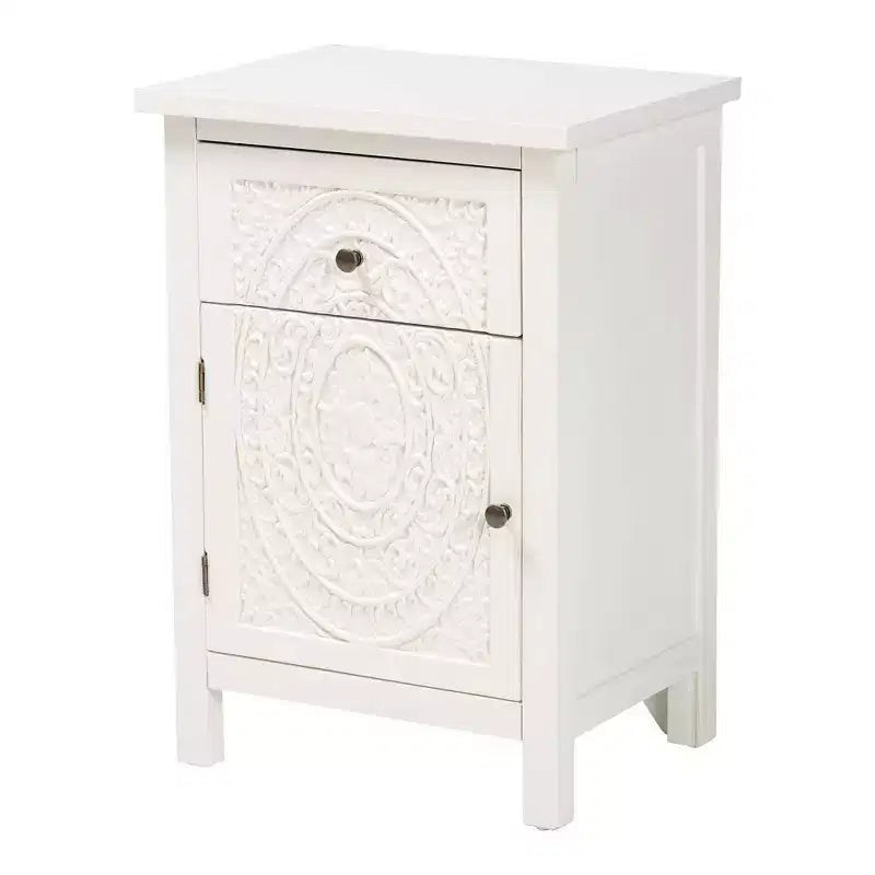 Lambert Wood 1 Drawer Nightstand White - Baxton Studio: Traditional Storage with Antique Finish, Metallic Silver Hardware