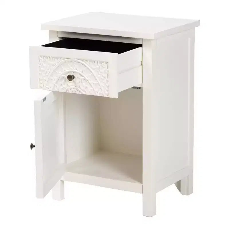 Lambert Wood 1 Drawer Nightstand White - Baxton Studio: Traditional Storage with Antique Finish, Metallic Silver Hardware
